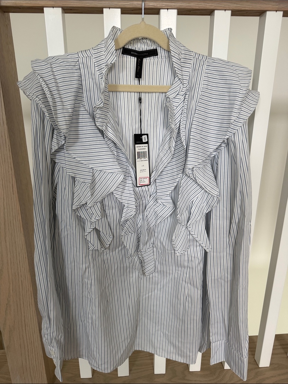 BCBGMaxAzria Blue and White Striped Ruffle-Front Blouse
